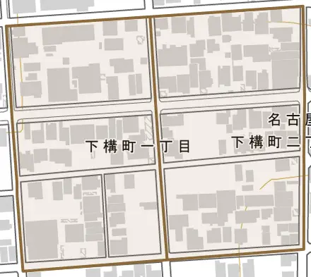 下構町とその周辺の地図。町の範囲を重ねている