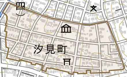 汐見町とその周辺の地図。町の範囲を重ねている