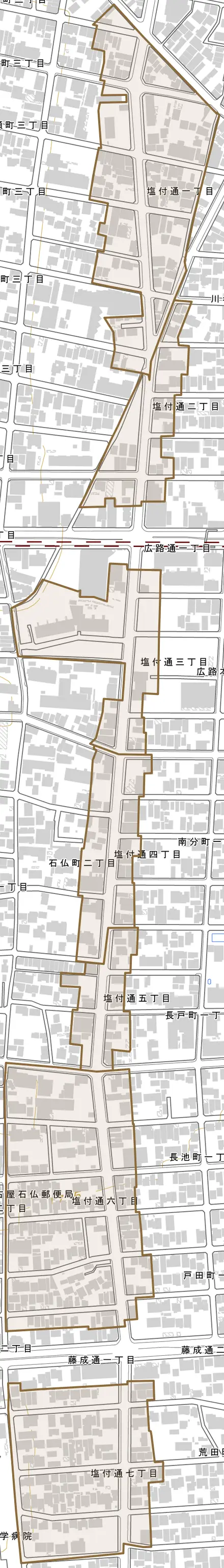 塩付通とその周辺の地図。町の範囲を重ねている