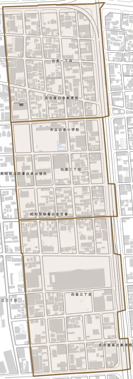白金とその周辺の地図。町の範囲を重ねている