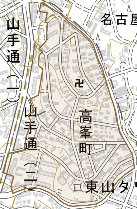 高峯町とその周辺の地図。町の範囲を重ねている