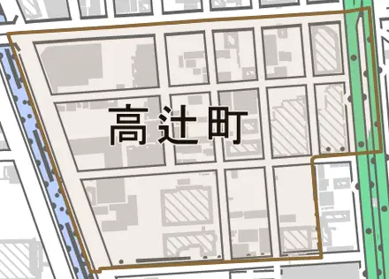 高辻町とその周辺の地図。町の範囲を重ねている