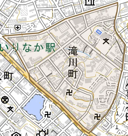 滝川町とその周辺の地図。町の範囲を重ねている