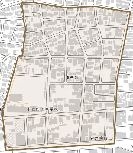 滝子町とその周辺の地図。町の範囲を重ねている