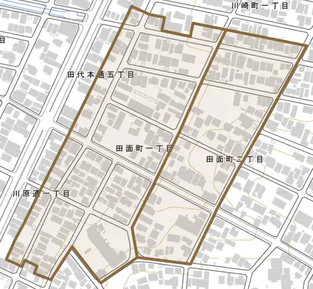 田面町とその周辺の地図。町の範囲を重ねている