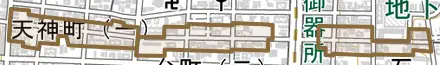 天神町とその周辺の地図。町の範囲を重ねている