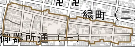 東畑町とその周辺の地図。町の範囲を重ねている