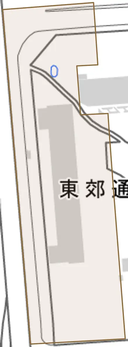 東郊通とその周辺の地図。町の範囲を重ねている