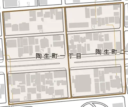 陶生町とその周辺の地図。町の範囲を重ねている