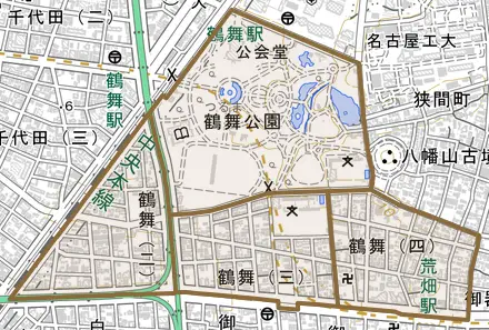 鶴舞とその周辺の地図。町の範囲を重ねている