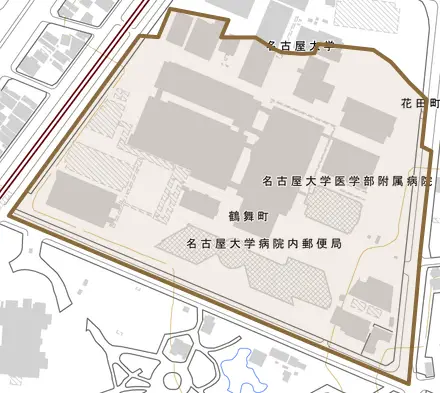 鶴舞町とその周辺の地図。町の範囲を重ねている