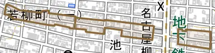 若柳町とその周辺の地図。町の範囲を重ねている