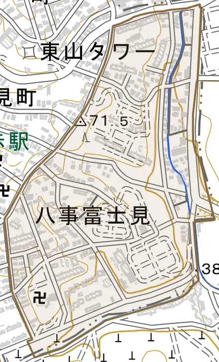 八事富士見とその周辺の地図。町の範囲を重ねている