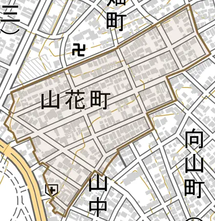 山花町とその周辺の地図。町の範囲を重ねている