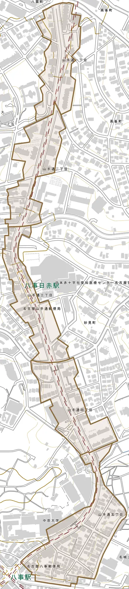 山手通とその周辺の地図。町の範囲を重ねている