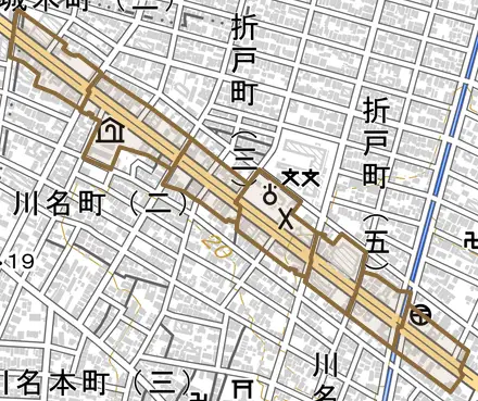 安田通とその周辺の地図。町の範囲を重ねている