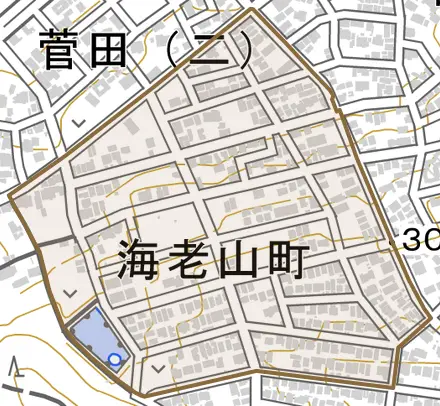 海老山町とその周辺の地図。町の範囲を重ねている