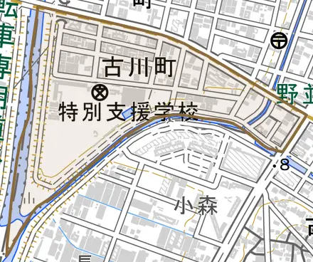 古川町とその周辺の地図。町の範囲を重ねている