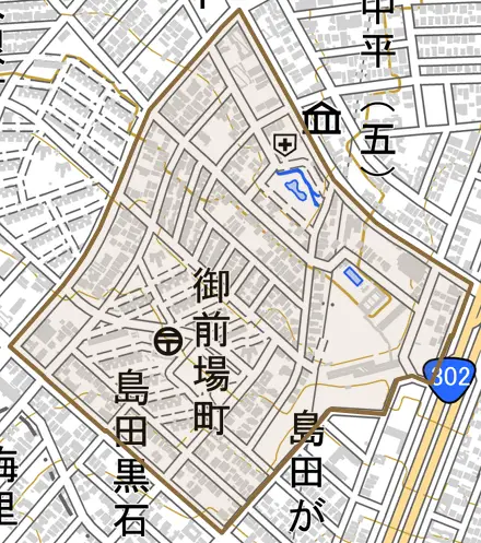 御前場町とその周辺の地図。町の範囲を重ねている