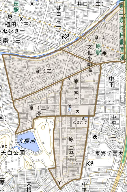 原とその周辺の地図。町の範囲を重ねている