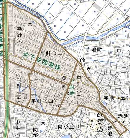 平針とその周辺の地図。町の範囲を重ねている