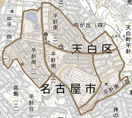 平針南とその周辺の地図。町の範囲を重ねている