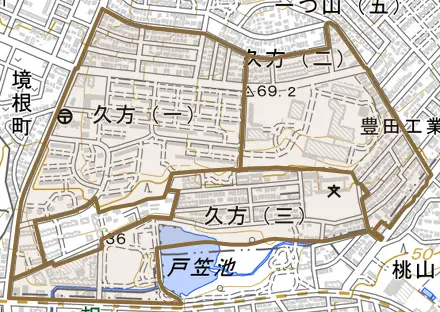 久方とその周辺の地図。町の範囲を重ねている