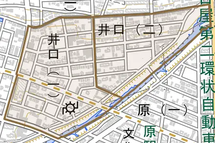 井口とその周辺の地図。町の範囲を重ねている