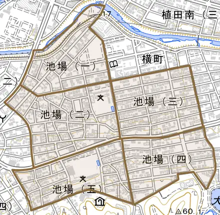 池場とその周辺の地図。町の範囲を重ねている
