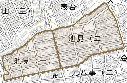 池見とその周辺の地図。町の範囲を重ねている