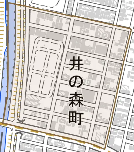 井の森町とその周辺の地図。町の範囲を重ねている