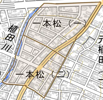 一本松とその周辺の地図。町の範囲を重ねている