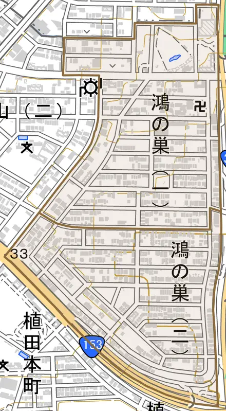 鴻の巣とその周辺の地図。町の範囲を重ねている