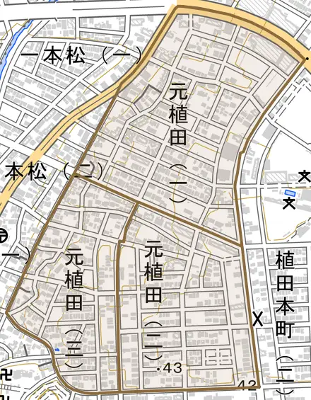 元植田とその周辺の地図。町の範囲を重ねている