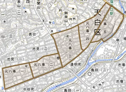 元八事とその周辺の地図。町の範囲を重ねている