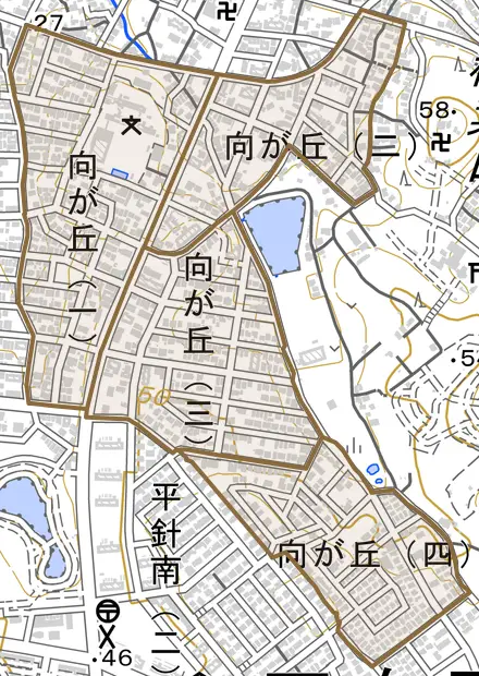 向が丘とその周辺の地図。町の範囲を重ねている
