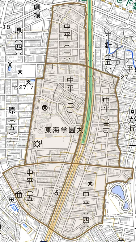 中平とその周辺の地図。町の範囲を重ねている