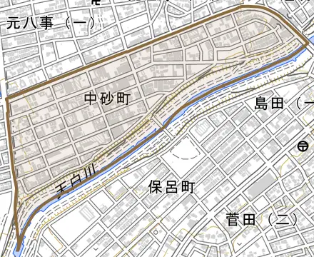 中砂町とその周辺の地図。町の範囲を重ねている