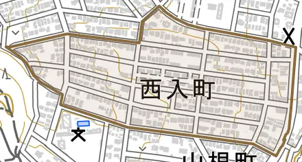 西入町とその周辺の地図。町の範囲を重ねている