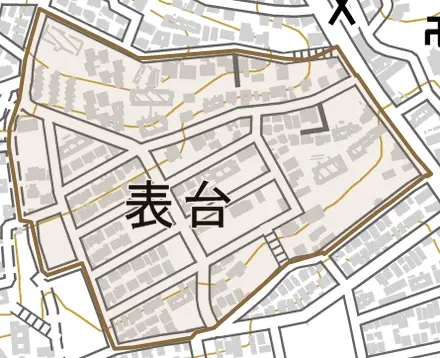表台とその周辺の地図。町の範囲を重ねている