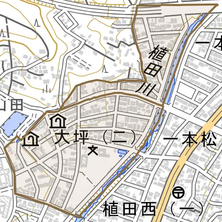 大坪とその周辺の地図。町の範囲を重ねている