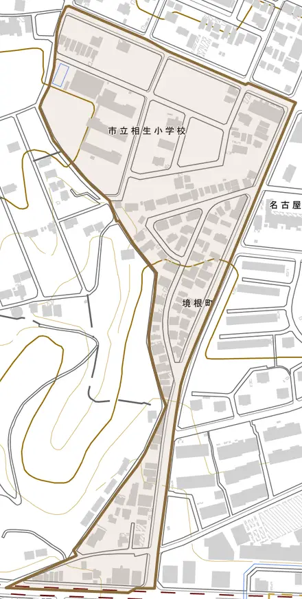 境根町とその周辺の地図。町の範囲を重ねている