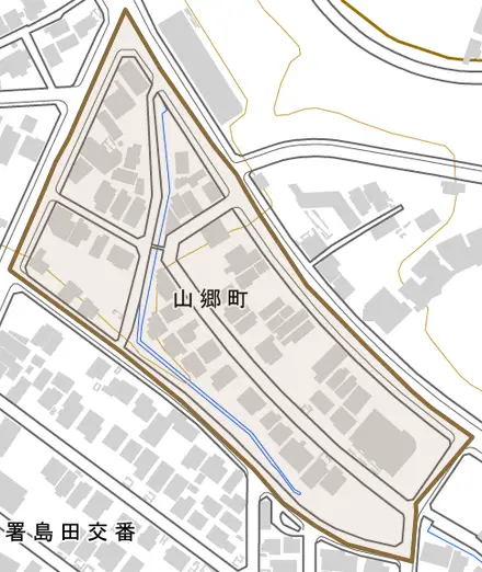 山郷町とその周辺の地図。町の範囲を重ねている