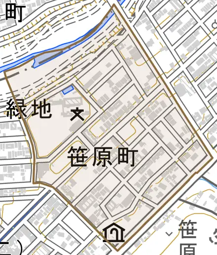 笹原町とその周辺の地図。町の範囲を重ねている