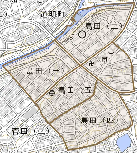 島田とその周辺の地図。町の範囲を重ねている