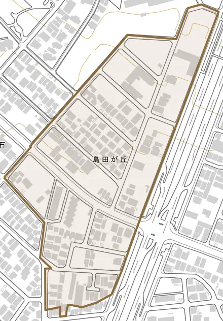 島田が丘とその周辺の地図。町の範囲を重ねている