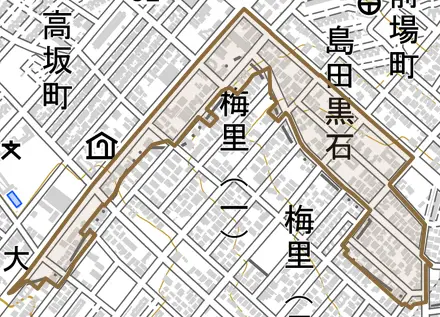 島田黒石とその周辺の地図。町の範囲を重ねている