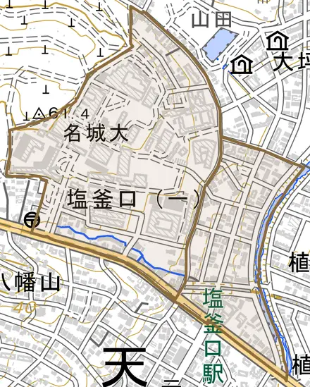 塩釜口とその周辺の地図。町の範囲を重ねている