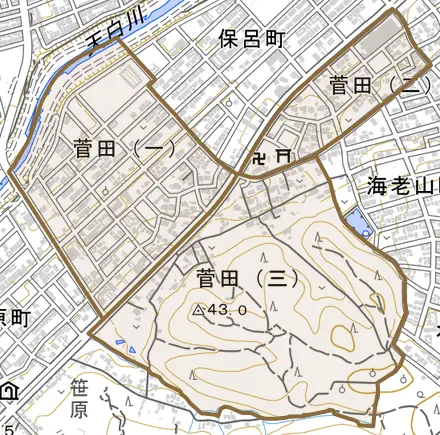 菅田とその周辺の地図。町の範囲を重ねている