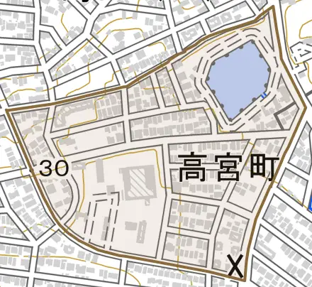 高宮町とその周辺の地図。町の範囲を重ねている